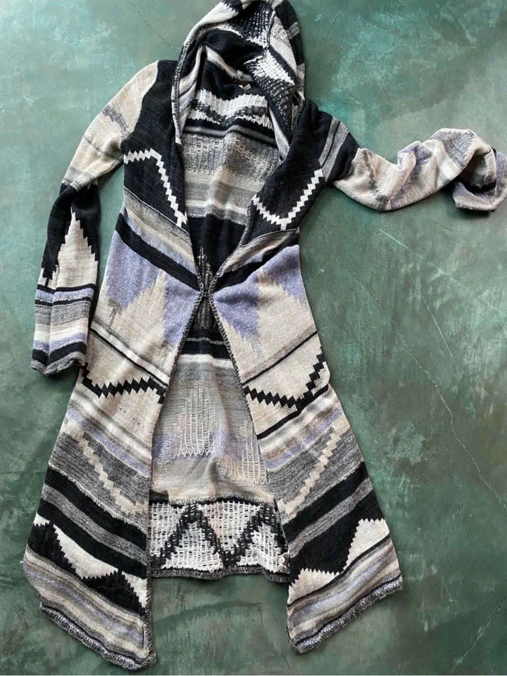 Free People Long Black and Cream Knit Cardigan with Hoodie